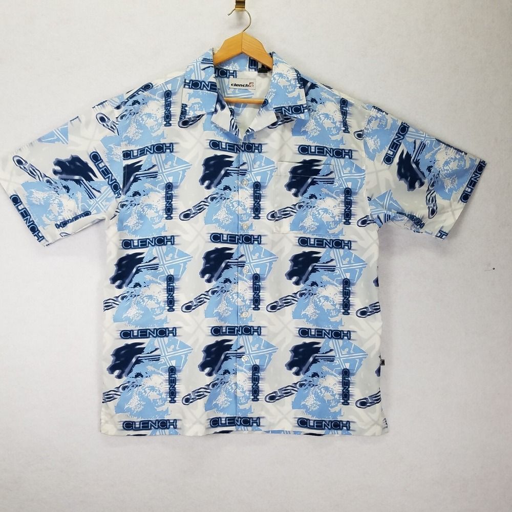 Clench Graphic Print Casual Shirt Men Size M Blue Polyester Short Sleeve Retro